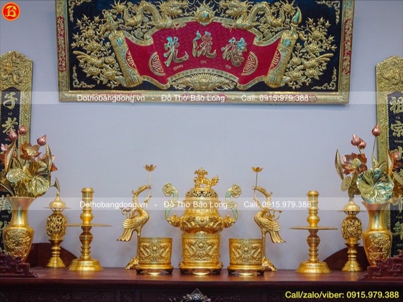 Bộ Đồ thờ đỉnh rồng nổi dát vàng 9999 cao 60cm