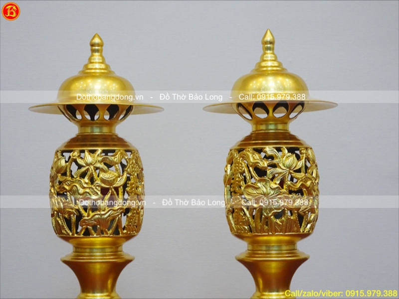 Đôi Đèn thờ Quả Dứa dát vàng 9999 cao 42cm